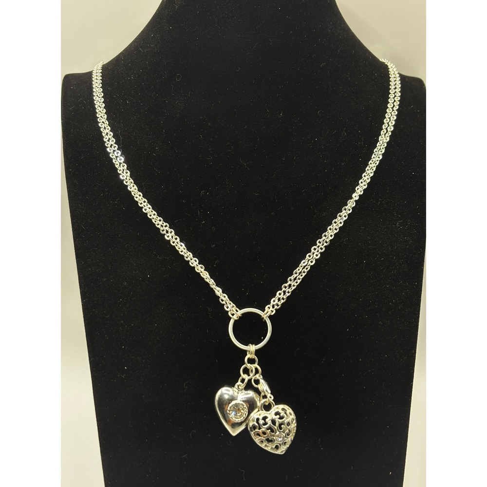 Candies Silver Tone Double Strand Heart Pendant Long Necklace 32 Inch Rhinestone